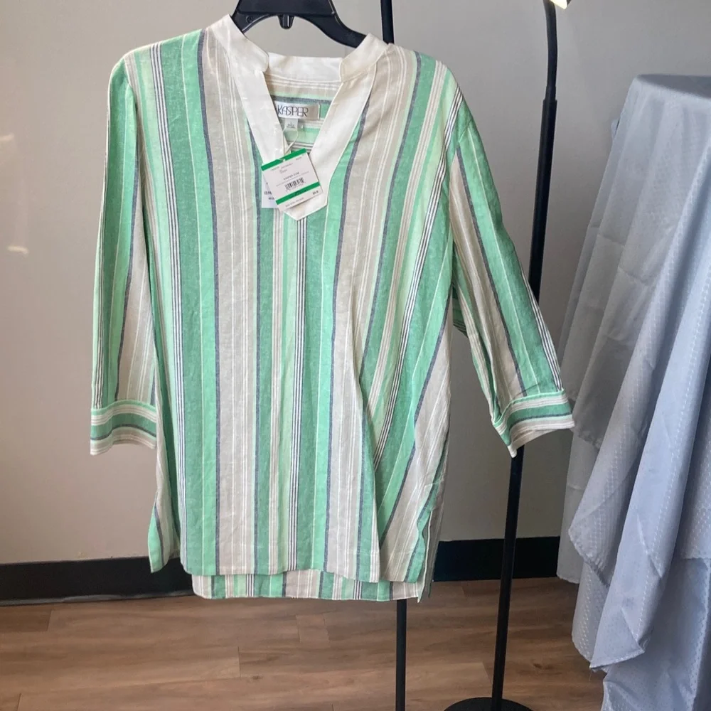 Kasper top print stripes pattern blouse linen blend career business casual L - Picture 12 of 17